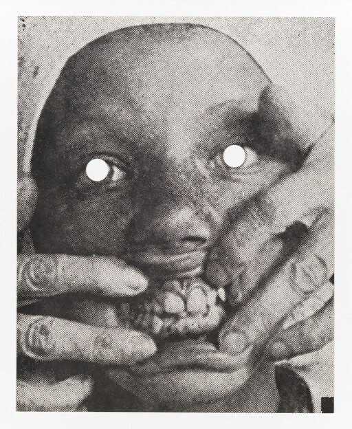 A close-up of a person with eye holes punched out as hands pull their mouth open revealing teeth.