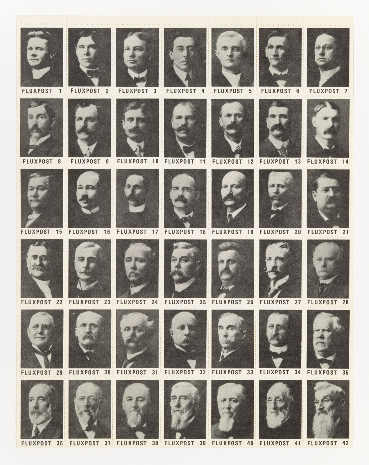 A grid of forty-two black-and-white portrait stamps labeled "Fluxpost" with individual numbers.