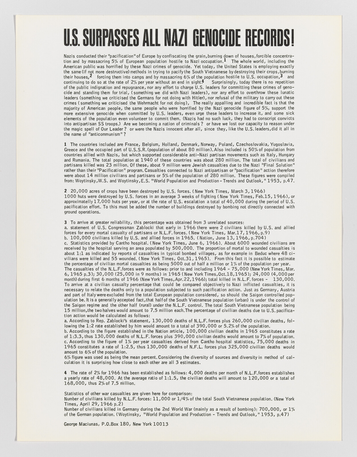 Bold headline claiming U.S. surpasses all Nazi genocide records above dense explanatory text.