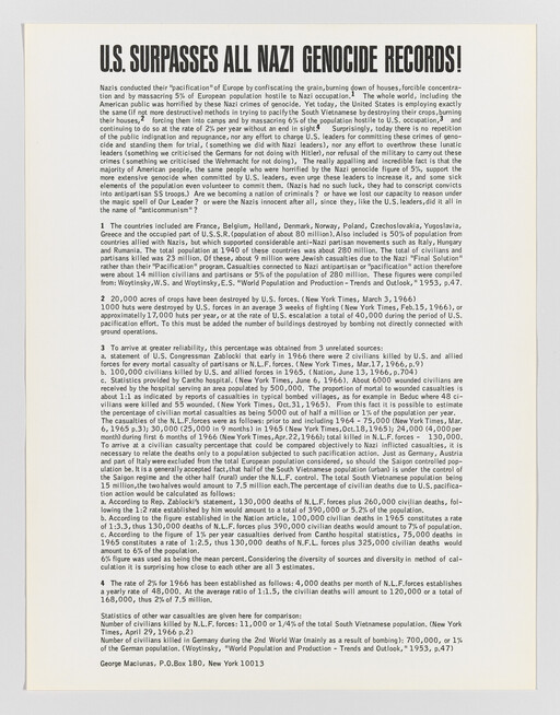 Bold headline claiming U.S. surpasses all Nazi genocide records above dense explanatory text.