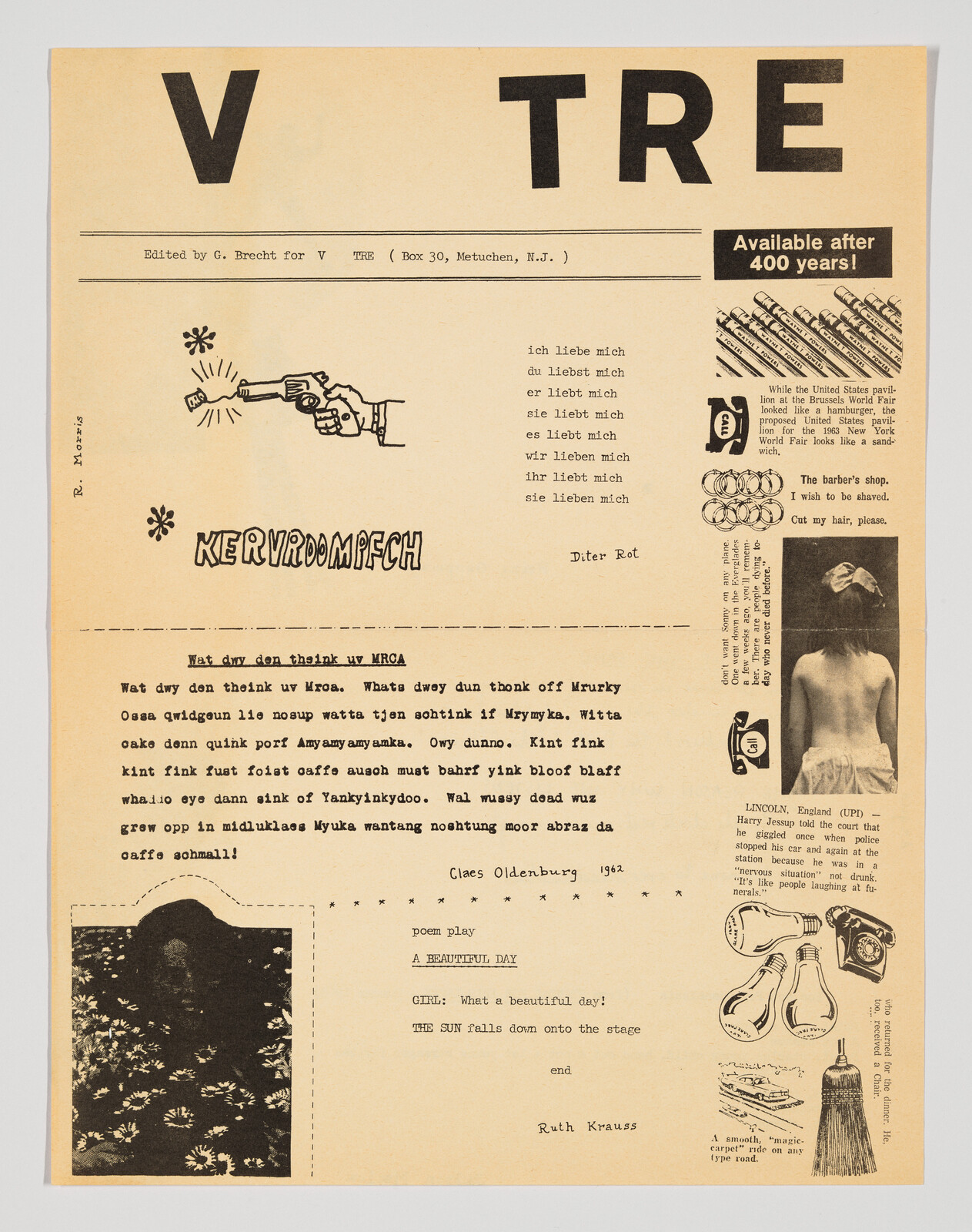 Vintage collage-style poster with a mix of text, illustrations, and photographs, featuring a large "V TRE" at the top, a hand holding a revolver, snippets of poetry and prose in various fonts, and images including a barber's pole, a silhouette of a person, and a pair of boxing gloves. The overall design has a Dada or avant-garde aesthetic, with elements of humor and absurdity.