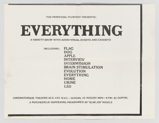 Poster announcing "Everything" variety show with listed acts including Flag, Dog, Apple, and LSD.