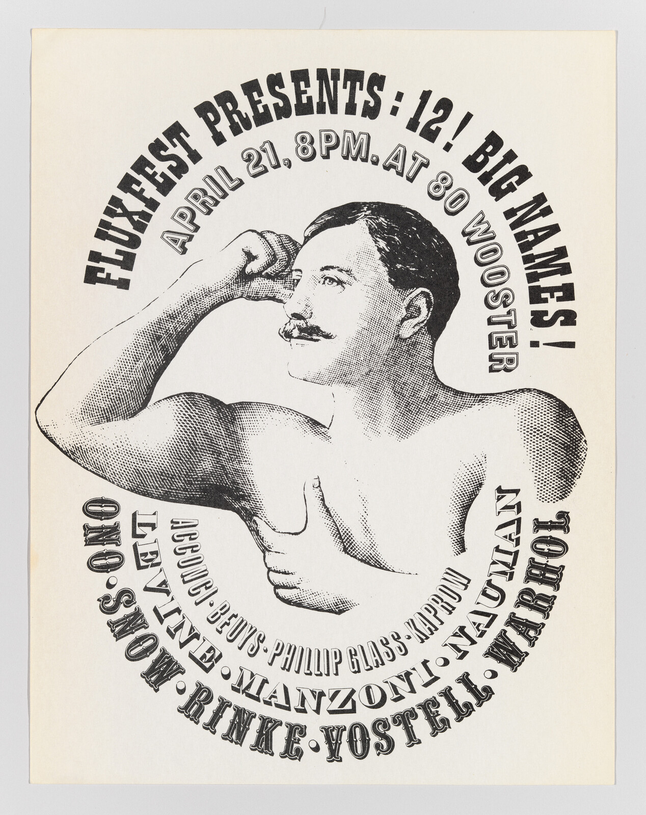 A vintage-style strongman poster promoting Fluxfest on April 21 at 8 PM.