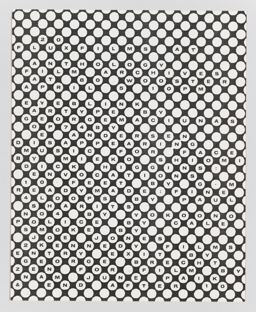 Black-and-white dot grid poster with letters forming a list of film titles and names.