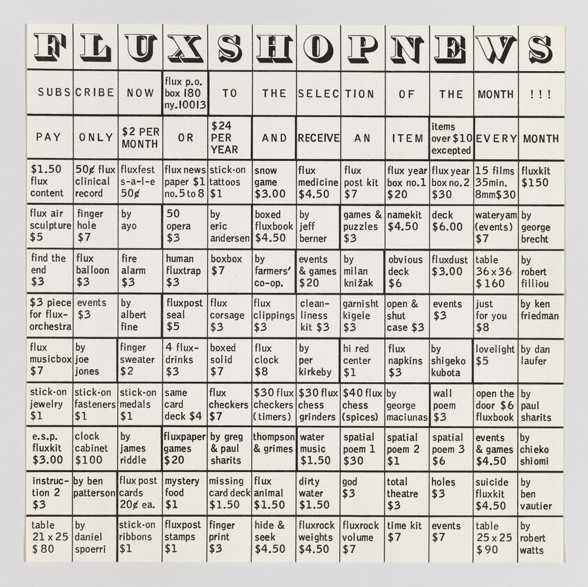 A monochrome image of a newsletter titled "FLUXSHOP NEWS" with a variety of quirky items and prices listed in a grid format.