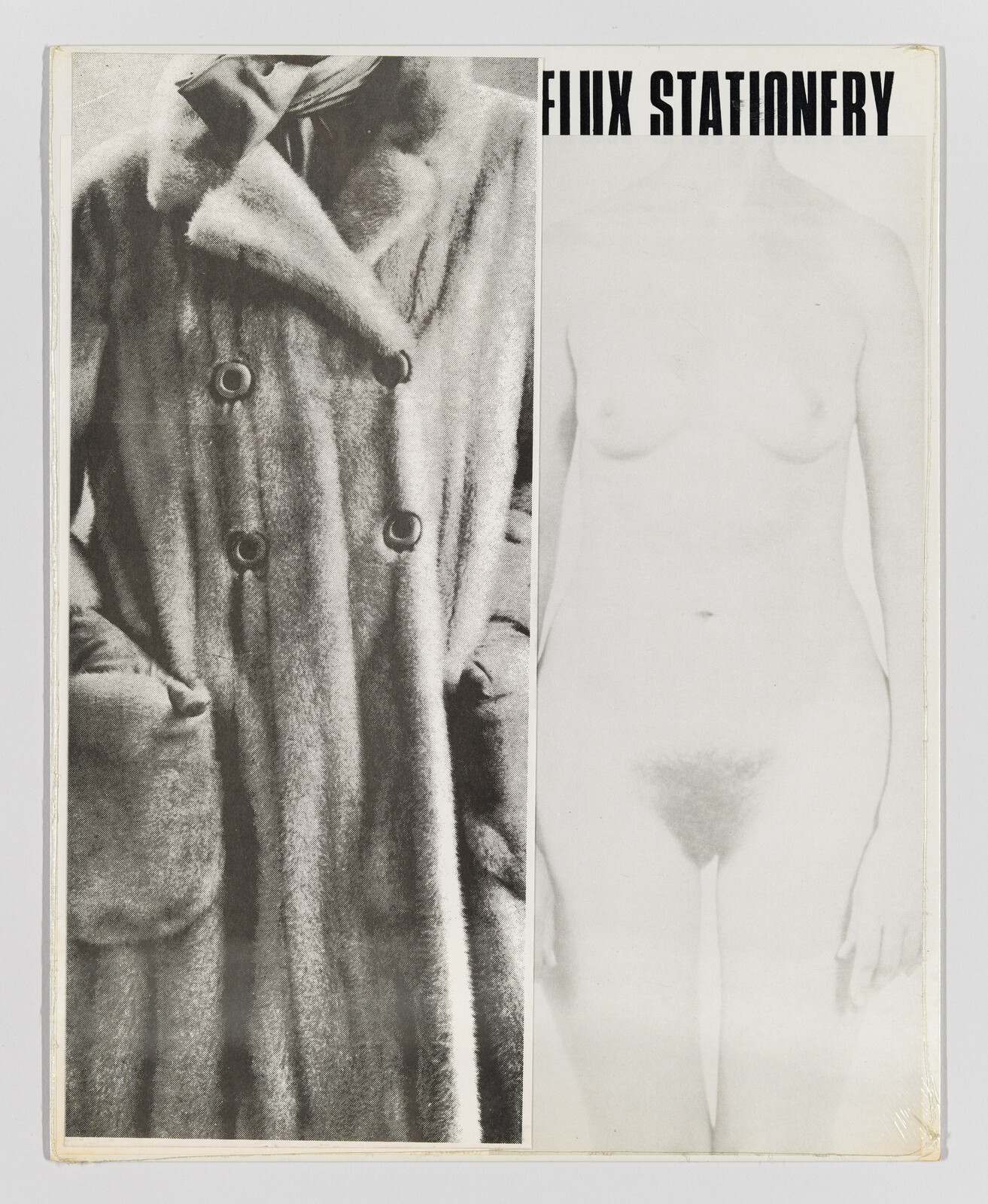 Left side shows a long fur coat with hands in pockets and right side shows a nude torso.