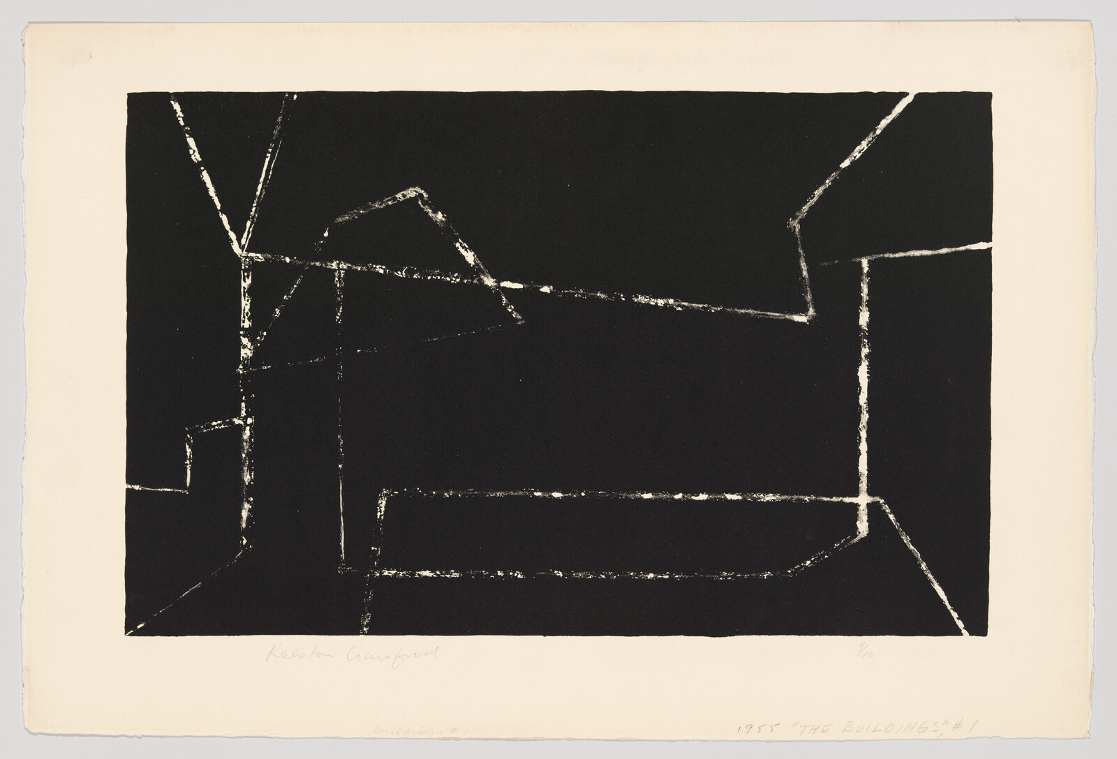 Black print with white linear outlines suggesting an empty room or building interior.