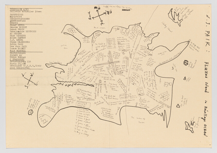 A scanned image of a conceptual artwork resembling a hand-drawn map on a beige paper. The map features an irregularly shaped island labeled "Fluxus Island" with various annotations, symbols, and names scattered across it, including references to "Baltic Ocean" and "Delaware Ocean." The left side of the image contains a list of names and terms related to the art movement, such as "HAPPENINGS," "MANIFESTATIONEN," and "George BRECHT." The overall layout is reminiscent of a brainstorming or planning document for an artistic project.