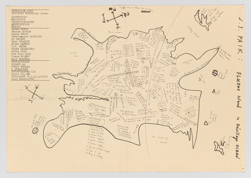 Hand-drawn map of an irregular island covered in handwritten notes, labels, and compass directions.