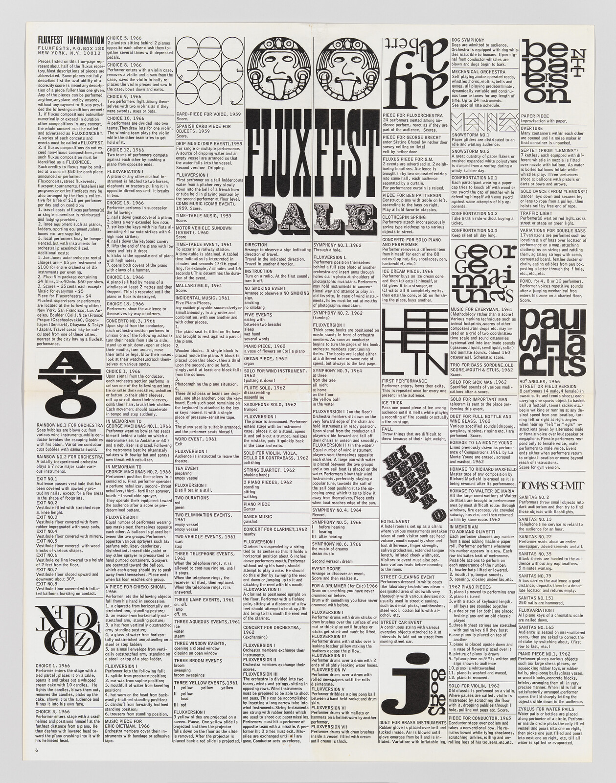 Large black-and-white Fluxfest poster featuring dense columns of program text and bold graphic title.