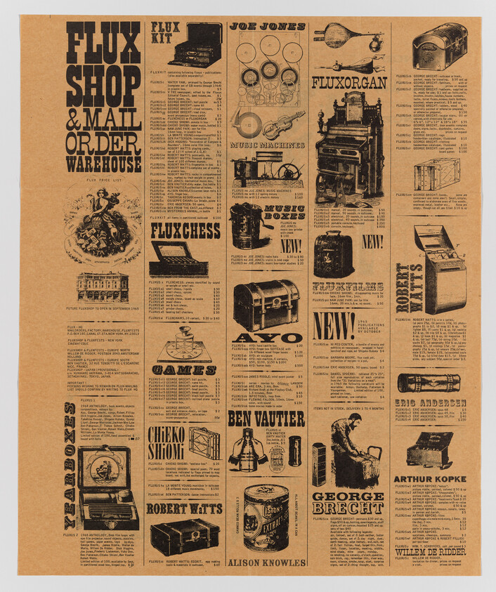 Vintage-style poster with text and illustrations advertising various quirky items like "FLUXKIT" and "FLUXCHESS" in a catalog format.