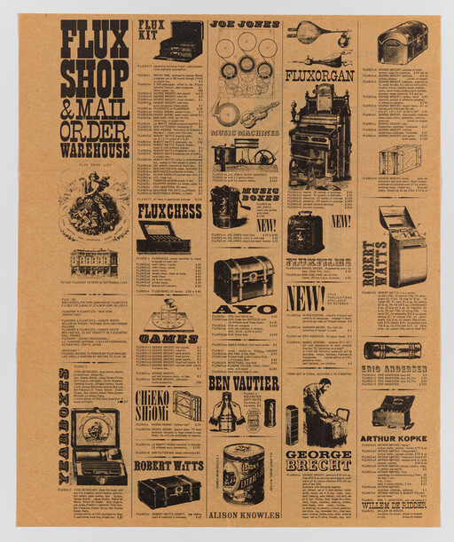 Vintage brown advertisement page showing Flux Shop & Mail Order Warehouse listings and product illustrations.