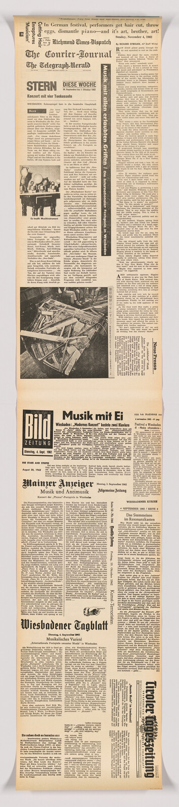 A long vertical collage of German newspaper articles and headlines about music and performances.