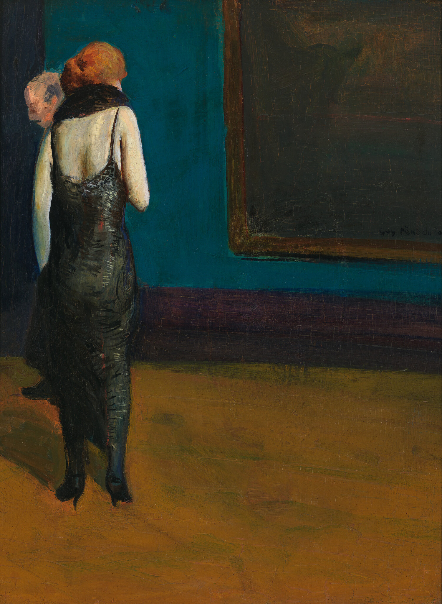 Two women in elegant black dresses stand facing a large framed painting on a teal wall.