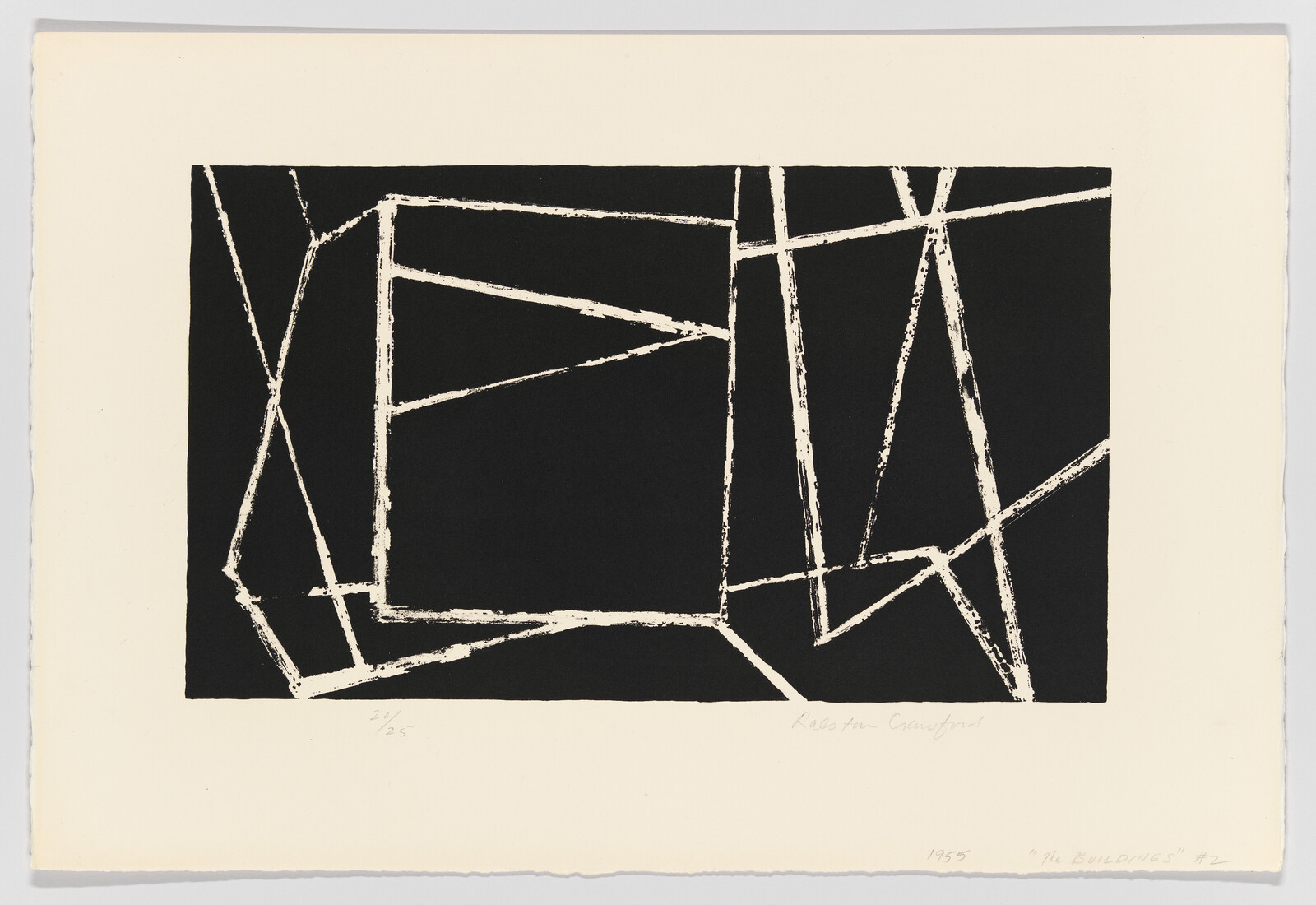 Black rectangular print with rough white intersecting lines forming abstract angular building-like shapes.