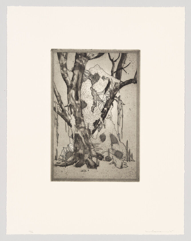 An etching of a gnarled tree with intricate branches set against a backdrop of geometric shapes and abstract patterns. The artwork is monochromatic and framed with a wide border, signed and numbered at the bottom.