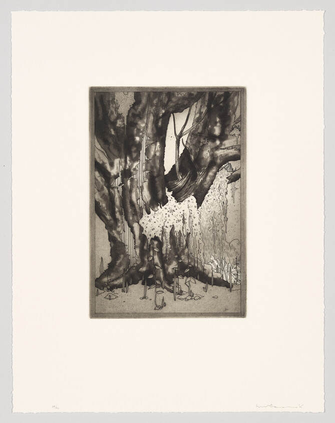 An abstract black and white etching featuring dynamic, fluid shapes and textures that resemble a natural landscape with tree-like forms and possible water elements. The artwork is centered on a white background with the artist's signature at the bottom right.