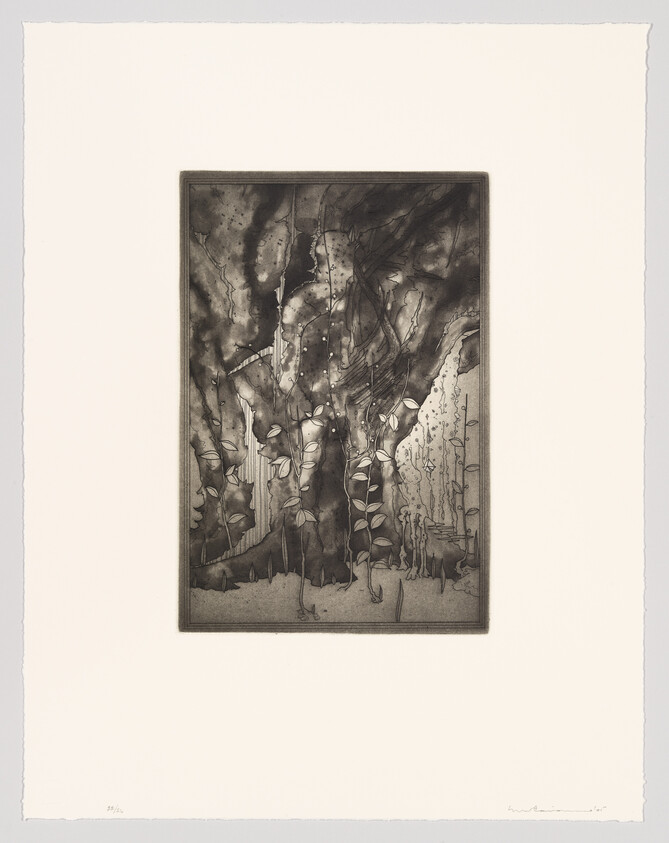 A monochromatic etching depicting a dense, mystical forest with slender trees and oversized, leaf-like shapes hanging from the branches. The scene conveys a dreamlike quality with its intricate details and shading, framed within a white border and signed at the bottom.