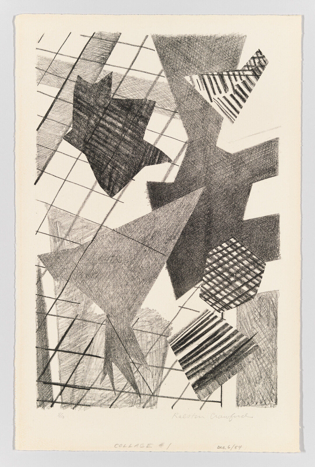 Abstract black-and-white collage of overlapping textured geometric shapes and diagonal grid lines.