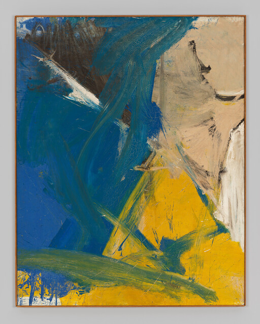 Large abstract painting with sweeping blue and yellow brushstrokes and textured beige areas.