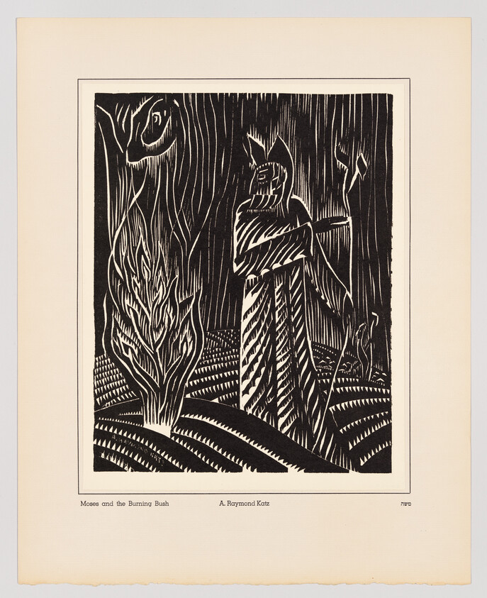 A black and white woodcut print titled "Moses and the Burning Bush" by A. Raymond Katz, depicting a stylized scene with Moses standing before a flaming bush, surrounded by dark, patterned lines representing a forested area.