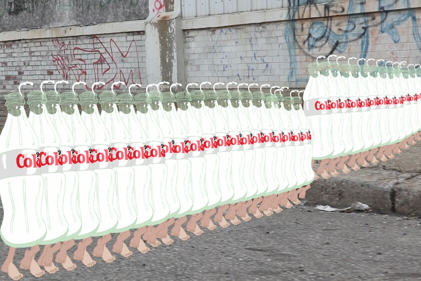 Cartoon bottles with the word "Coko" and human feet are marching in rows on a city street.