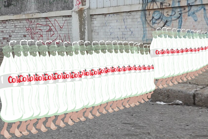 Rows of walking plastic bottles with human legs marching along a graffiti-covered street.