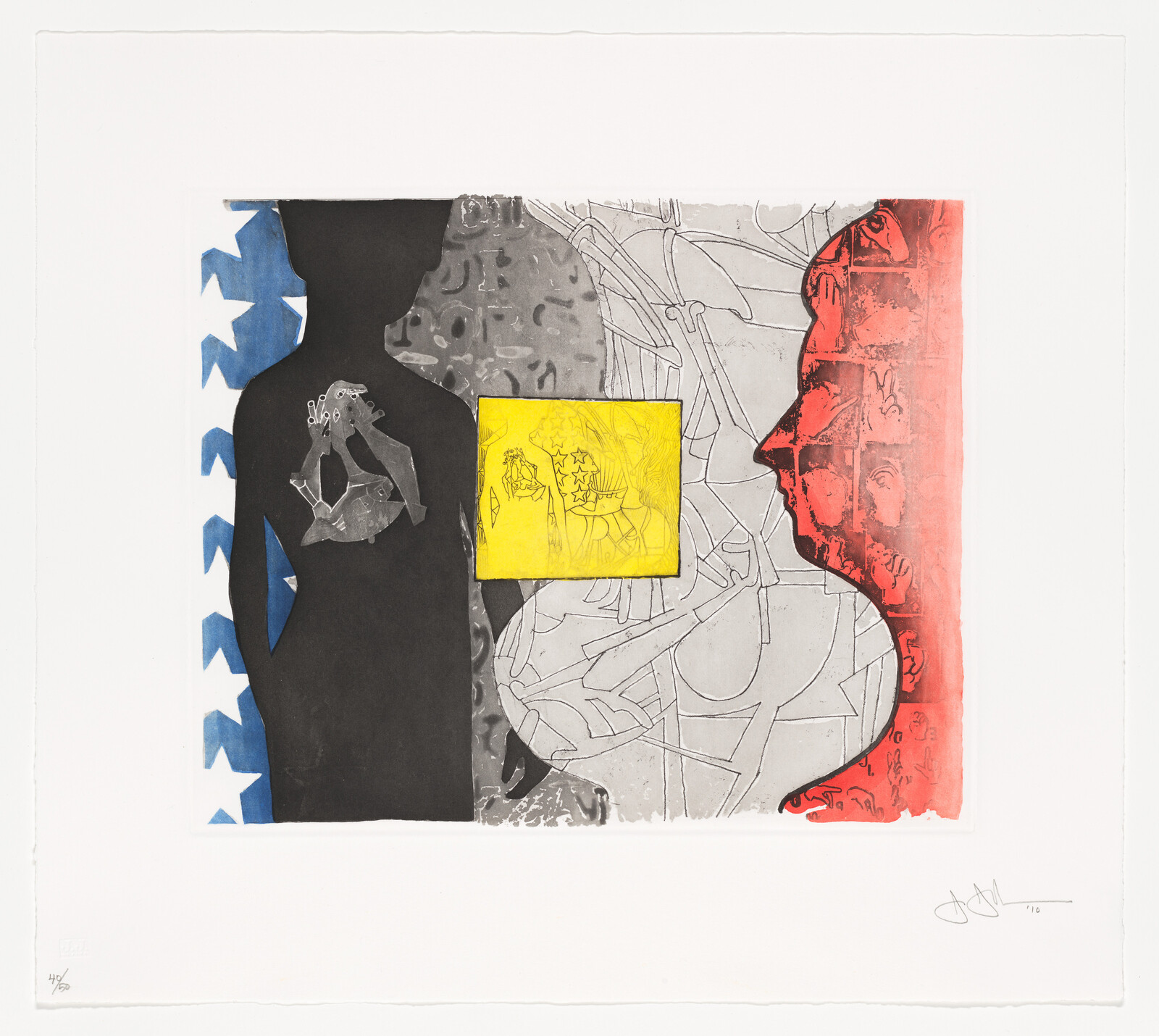 A colorful abstract print featuring a collage of different elements. On the left, a series of blue stars on a white background transitions into a black silhouette with a small, detailed figure in white. The center shows a complex gray pattern with a yellow rectangle overlay containing sketch-like figures. The right side displays a red textured area with a profile outline of a face. The artwork is signed and numbered in the bottom right corner.