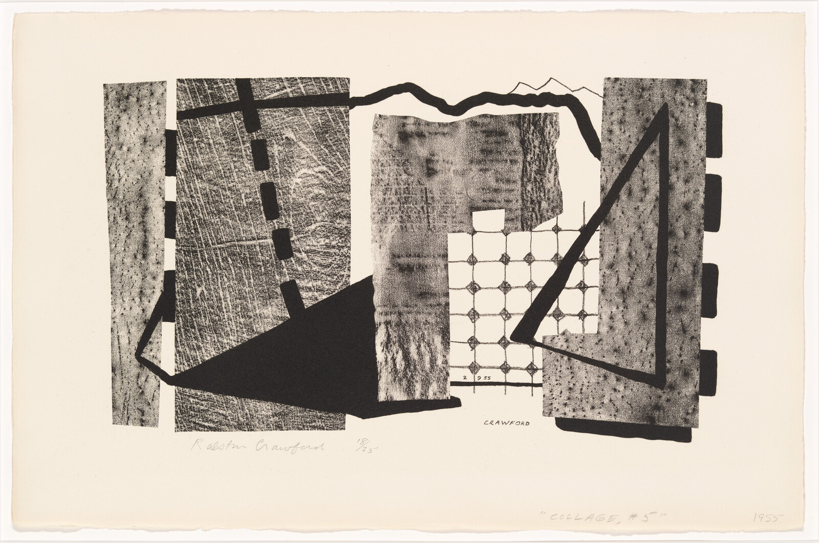 Abstract black-and-white collage showing textured rectangles, a grid pattern, and bold triangular shapes.