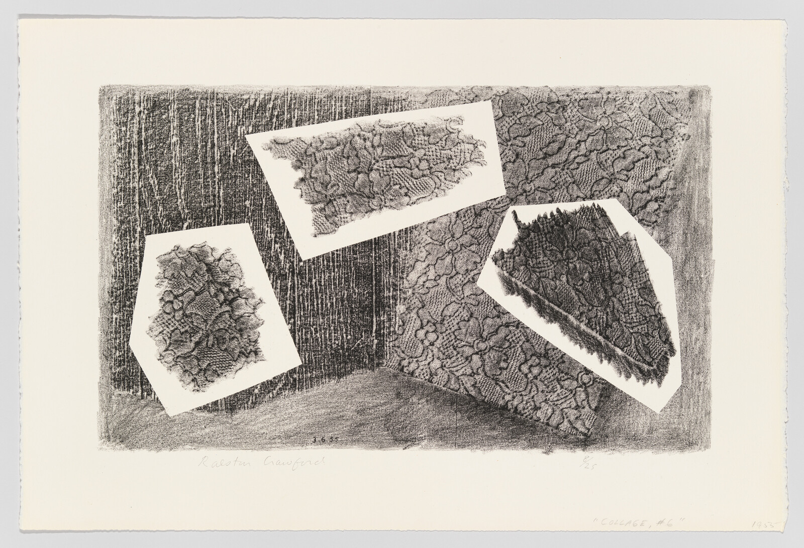 Three torn lace fabric scraps are arranged on paper shapes over a textured background.