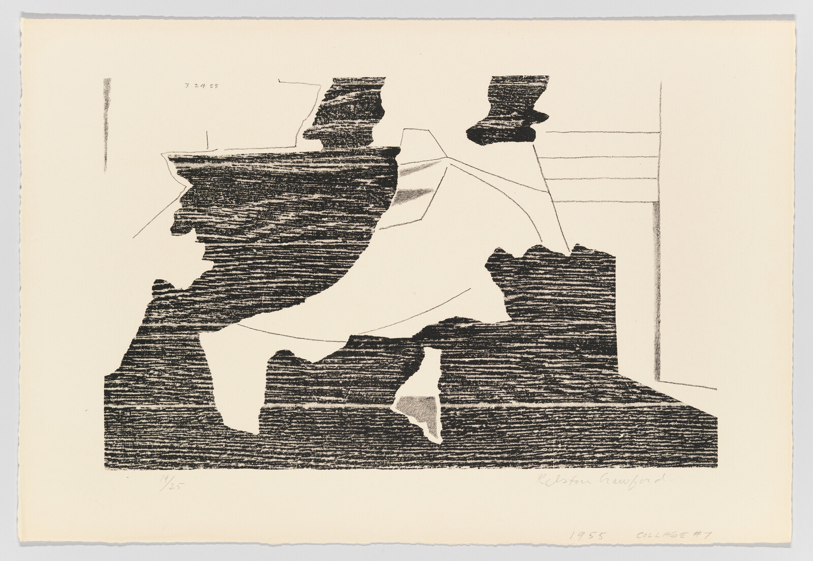 Abstract black textured torn-paper shapes arranged like a collage on a cream background.