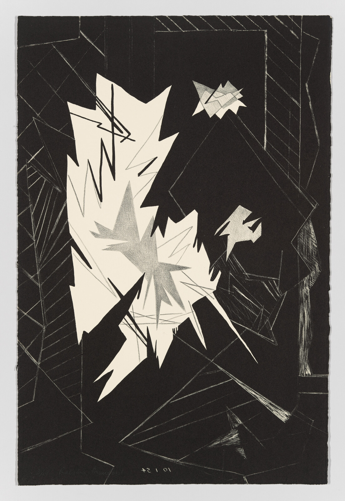 Abstract black-and-white composition featuring a central jagged starburst shape surrounded by sharp geometric shards.