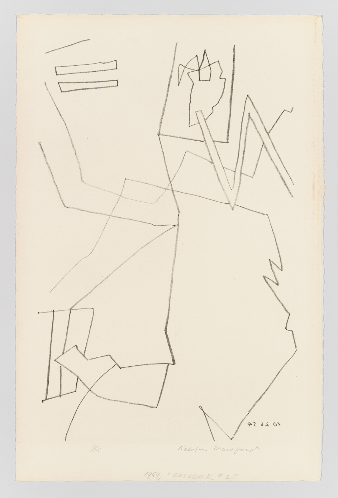 Sparse pencil drawing of angular, intersecting geometric lines and shapes on cream paper.