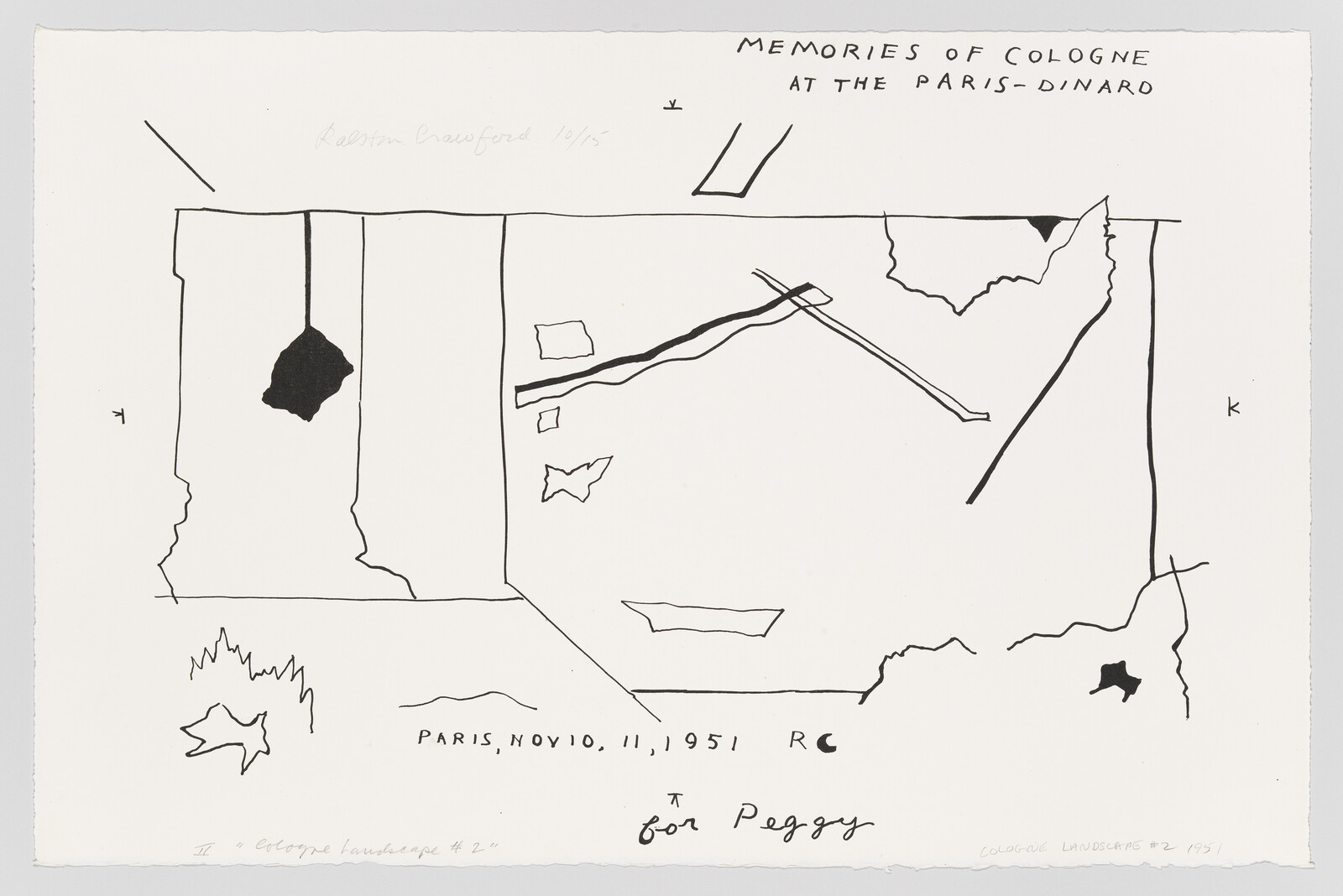 Minimalist black line drawing titled "Memories of Cologne at the Paris-Dinard" with scattered shapes and handwritten date.