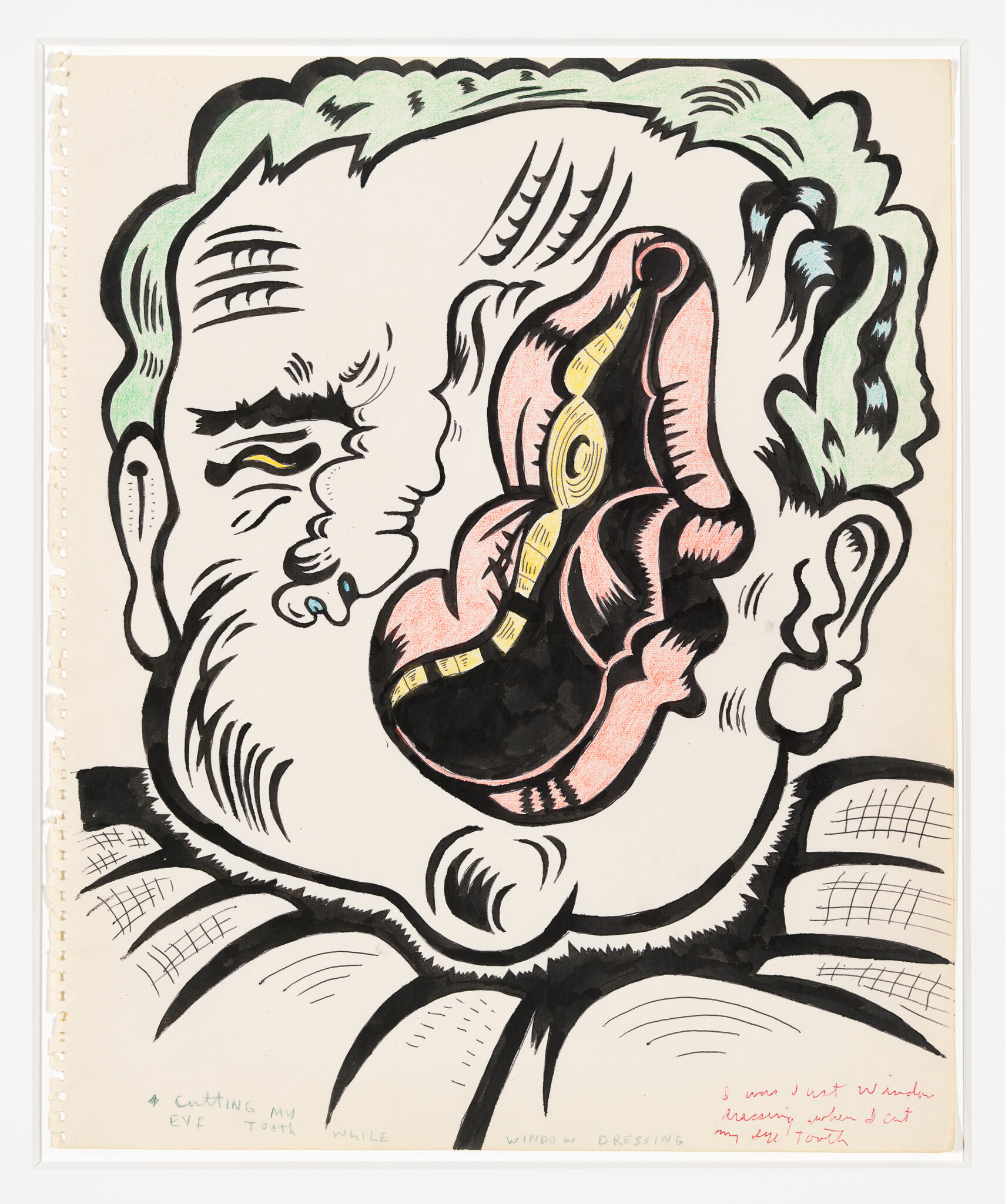 A comic-style distorted face with a huge open mouth revealing a zipper-like tongue and teeth.