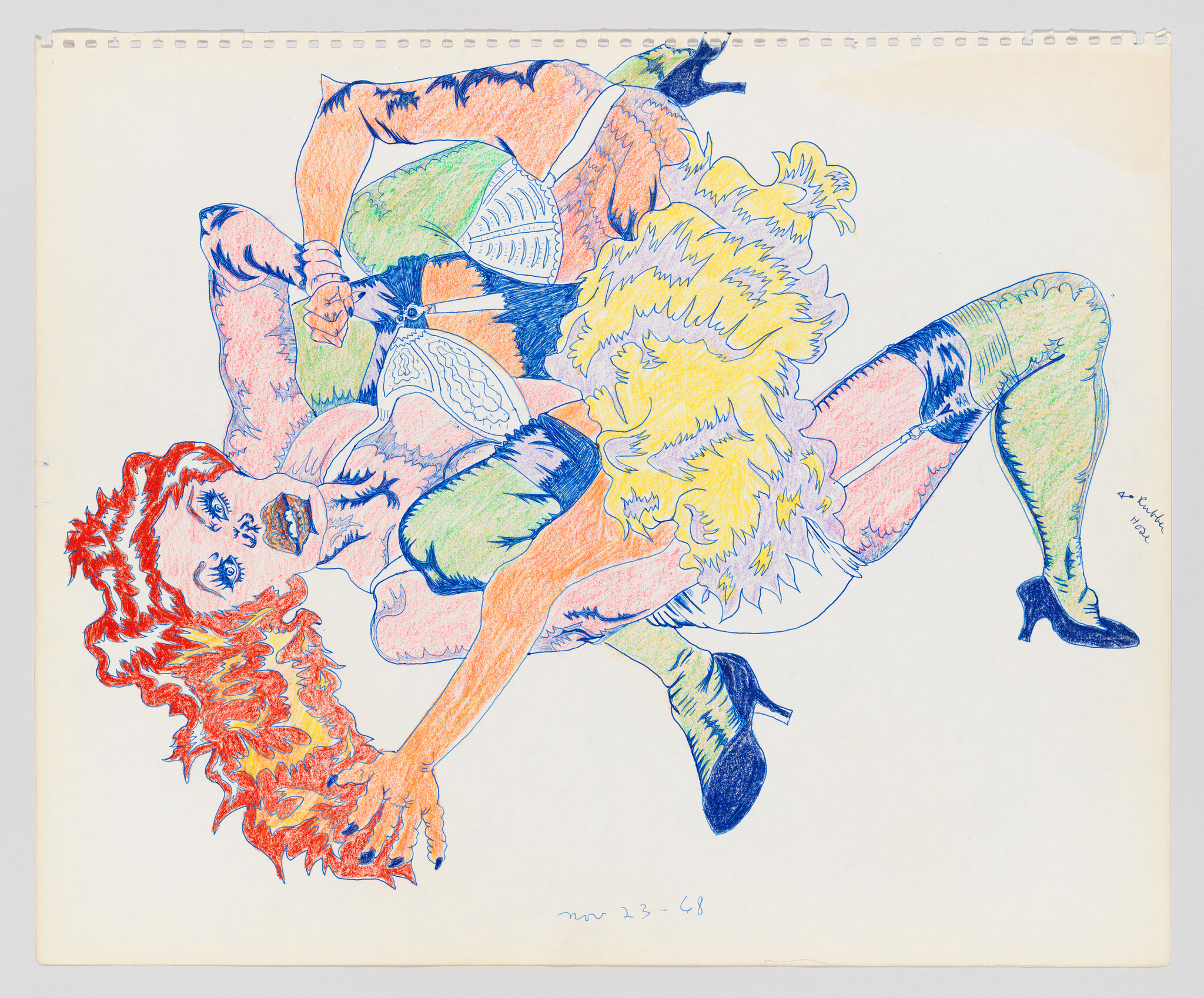 A colorful drawing of a woman in lingerie and stockings sprawled in a playful, contorted pose.