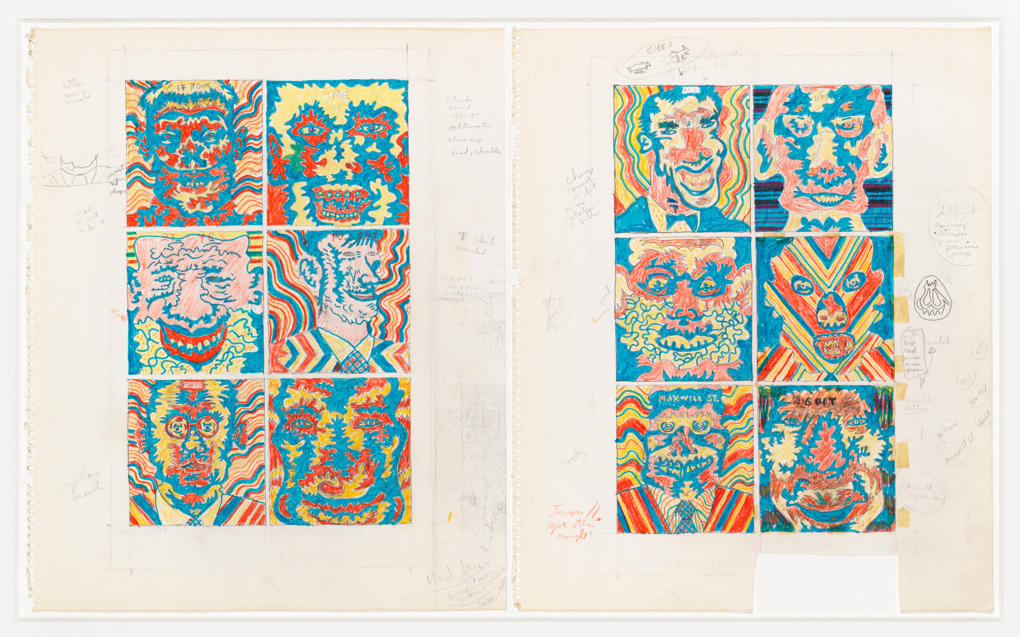 Two pages of colorful, hand-drawn psychedelic face portraits arranged in a grid with handwritten notes.