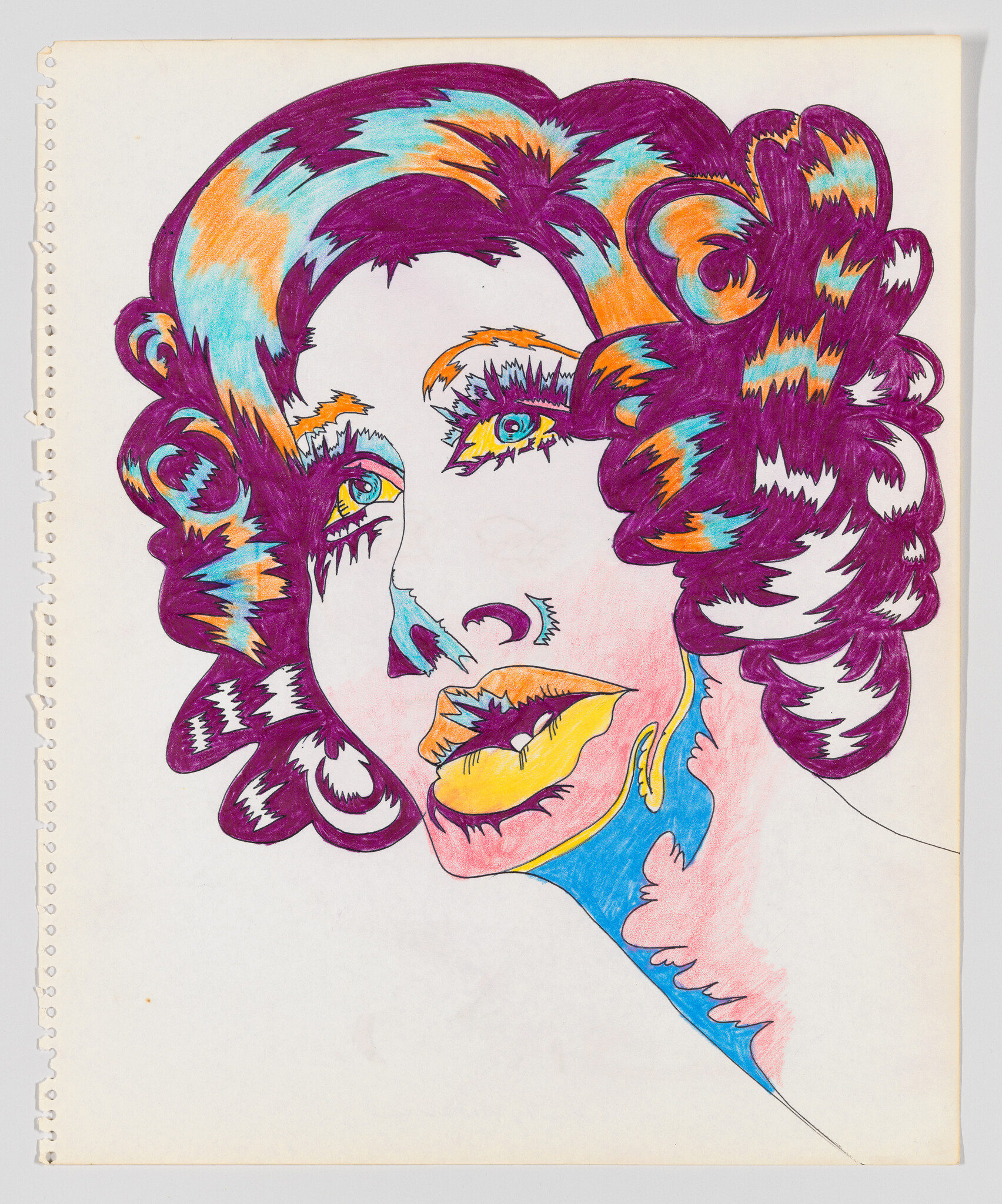 A vibrant stylized portrait of a woman's face with purple hair and colorful highlights.