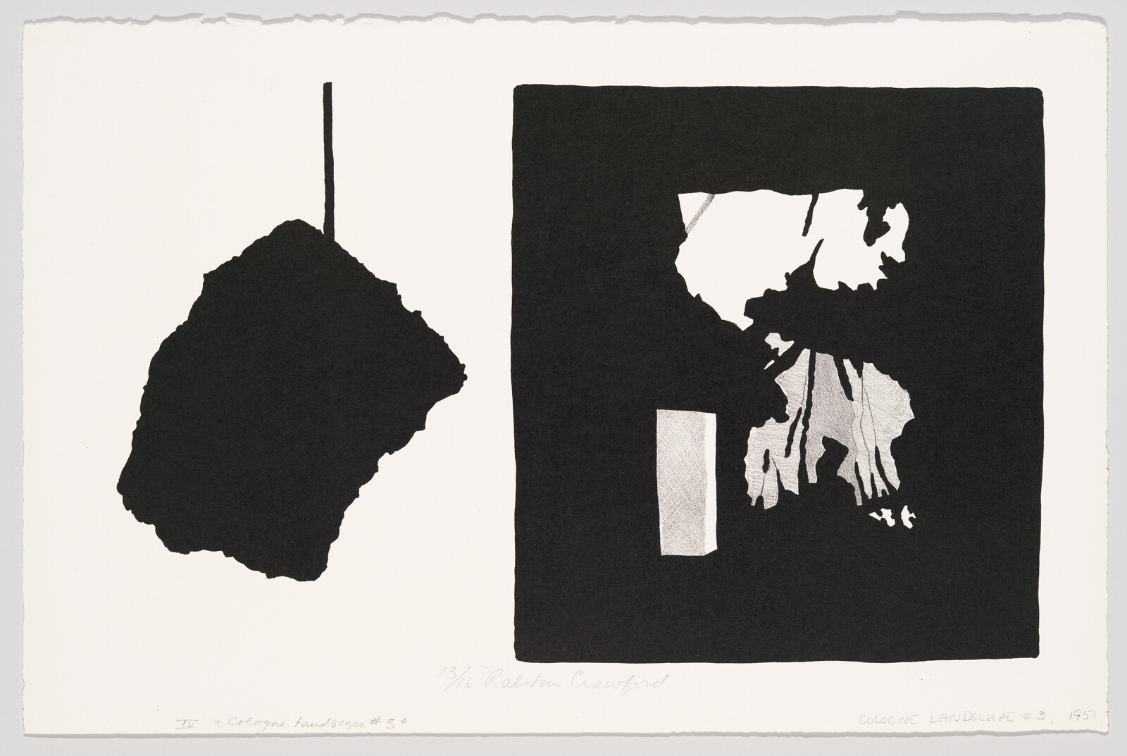 Two large abstract black shapes on white paper, one hanging from a thin vertical line.