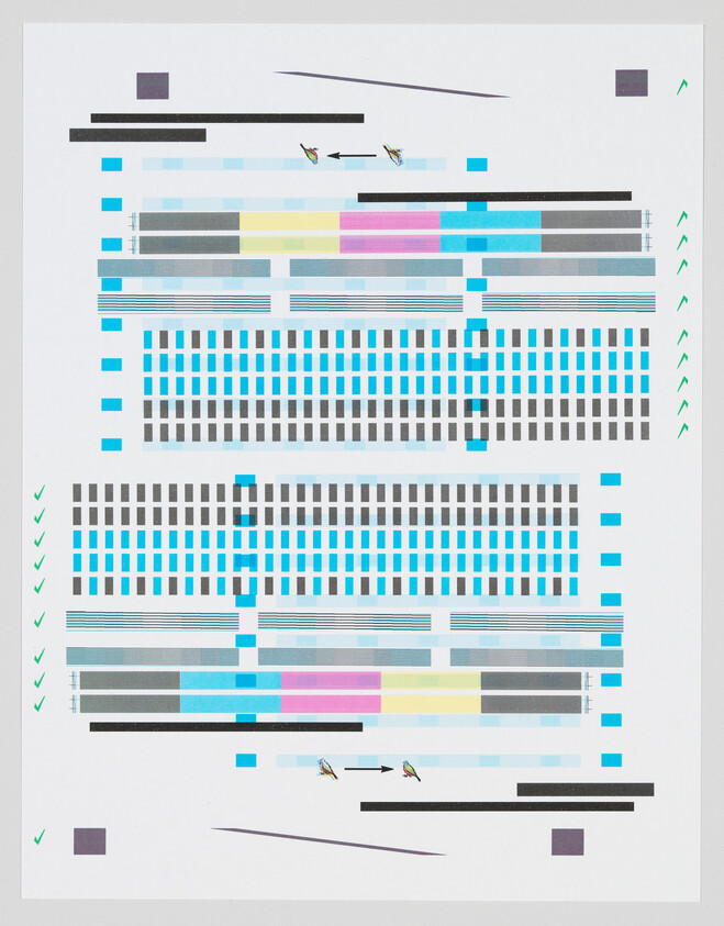A graphic print featuring an abstract composition of geometric shapes and lines in various colors such as blue, pink, yellow, and gray, with small bird illustrations interspersed among the patterns. The background is white, and the overall design has a modern, digital aesthetic.