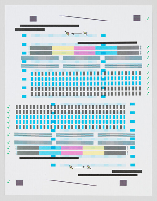 Printer test page showing color bars, alignment marks, and cyan, magenta, yellow, and black patches.