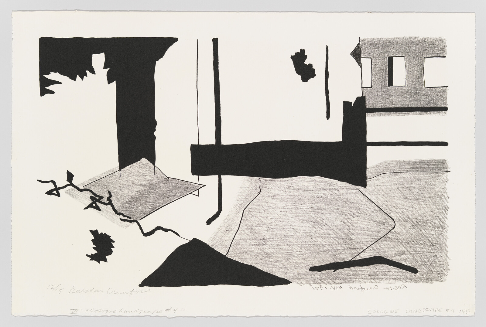 Black and gray abstract shapes and lines suggest a fragmented landscape with blocks and paths.