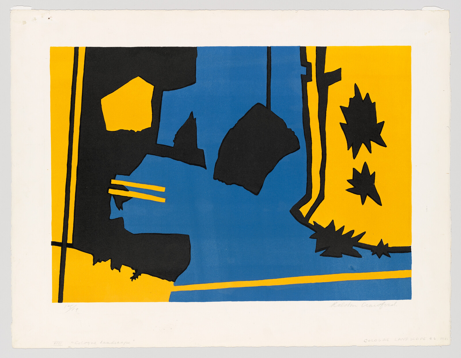 Bold abstract shapes in blue, yellow, and black form a stylized landscape scene.