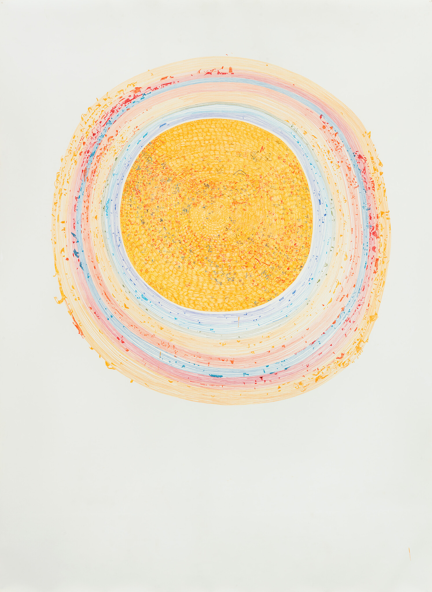 A bright yellow circle with pastel concentric rings and small colorful speckles on white background.