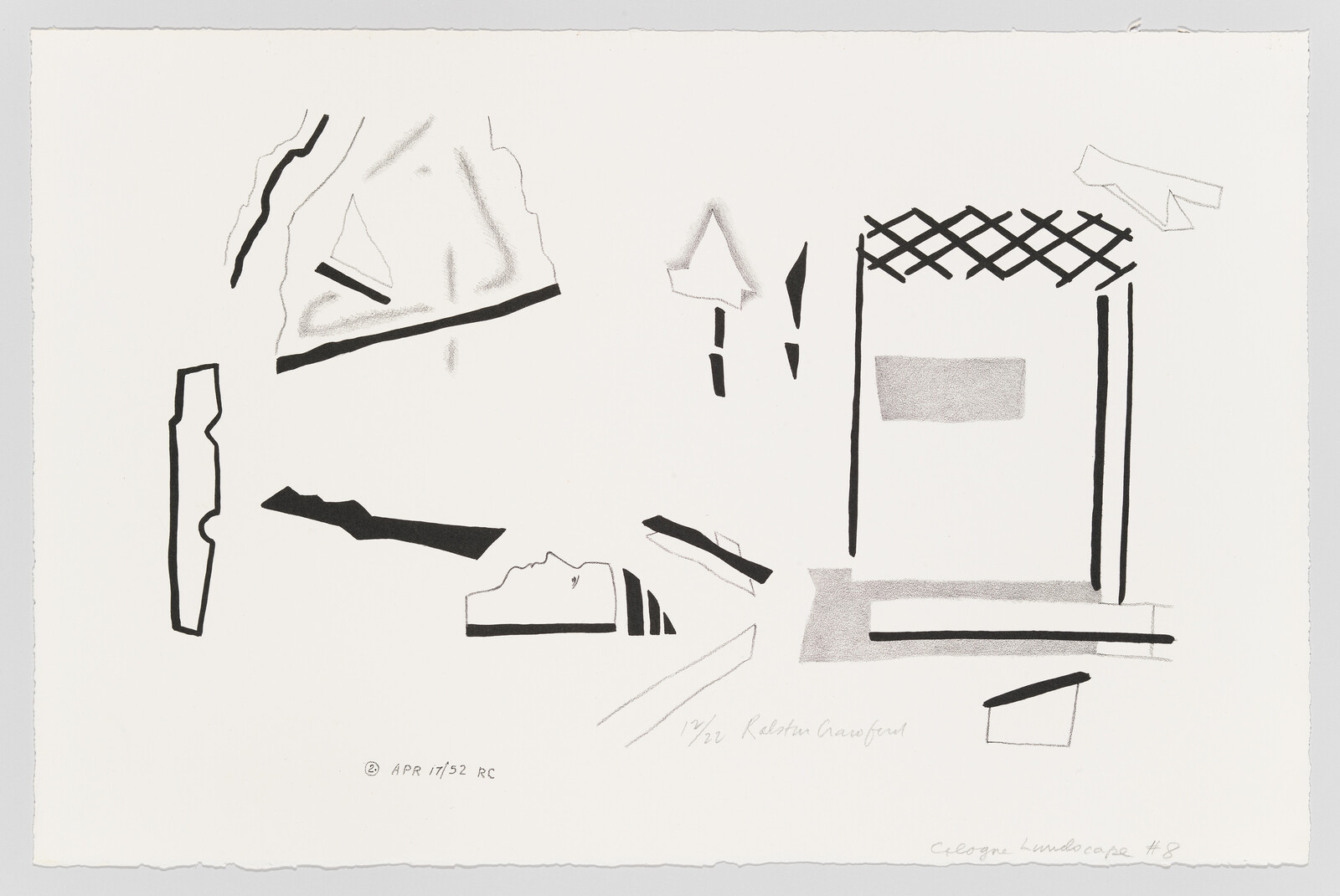 Black geometric shapes and a lattice-topped rectangular form scattered across a white background.