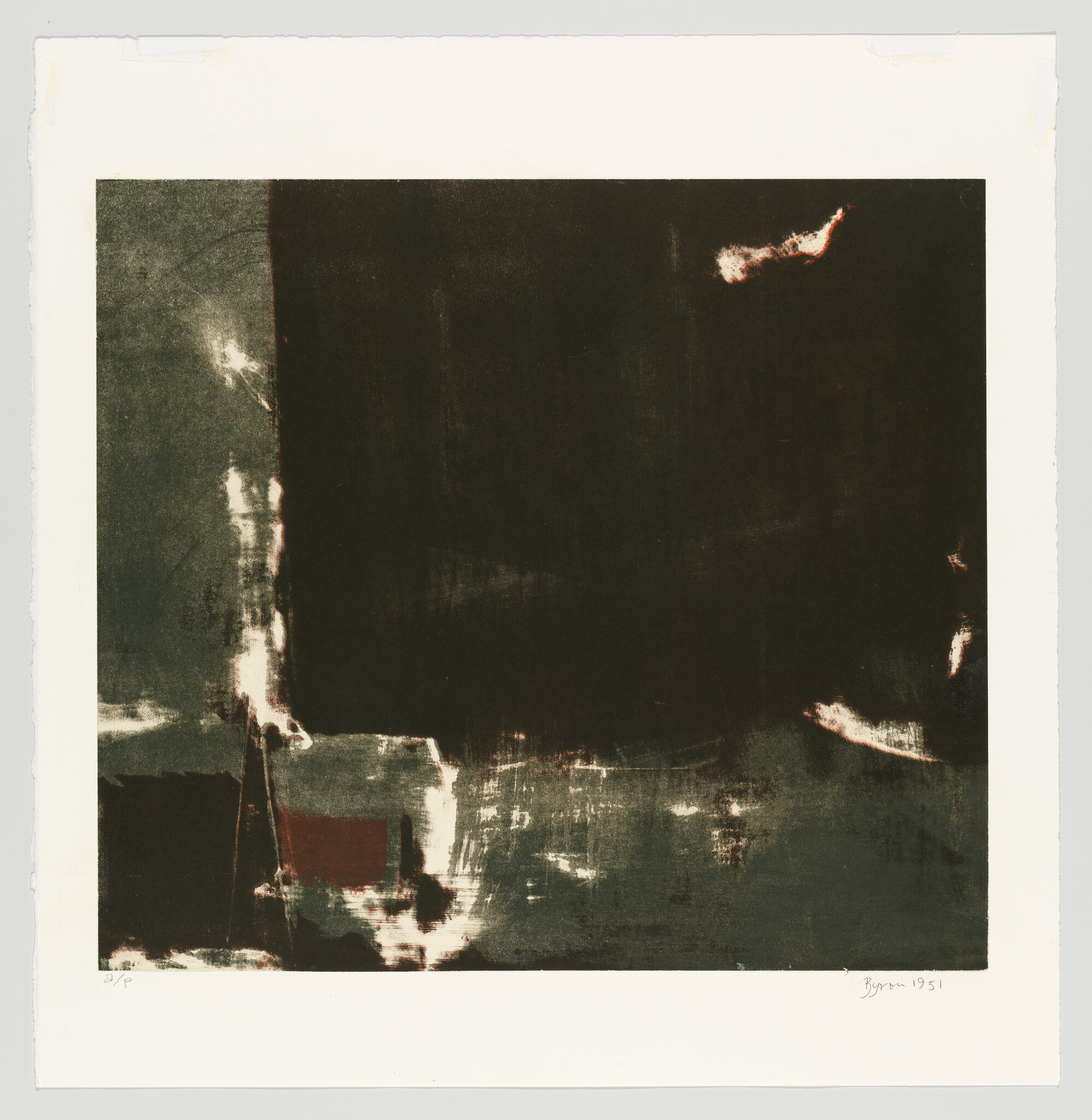 Large dark square with rough lighter smudges and textured edges in muted green and brown tones.