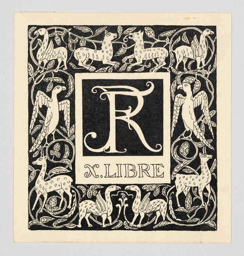 Decorative square print with a large letter R in the center and the text "X. LIBRE."