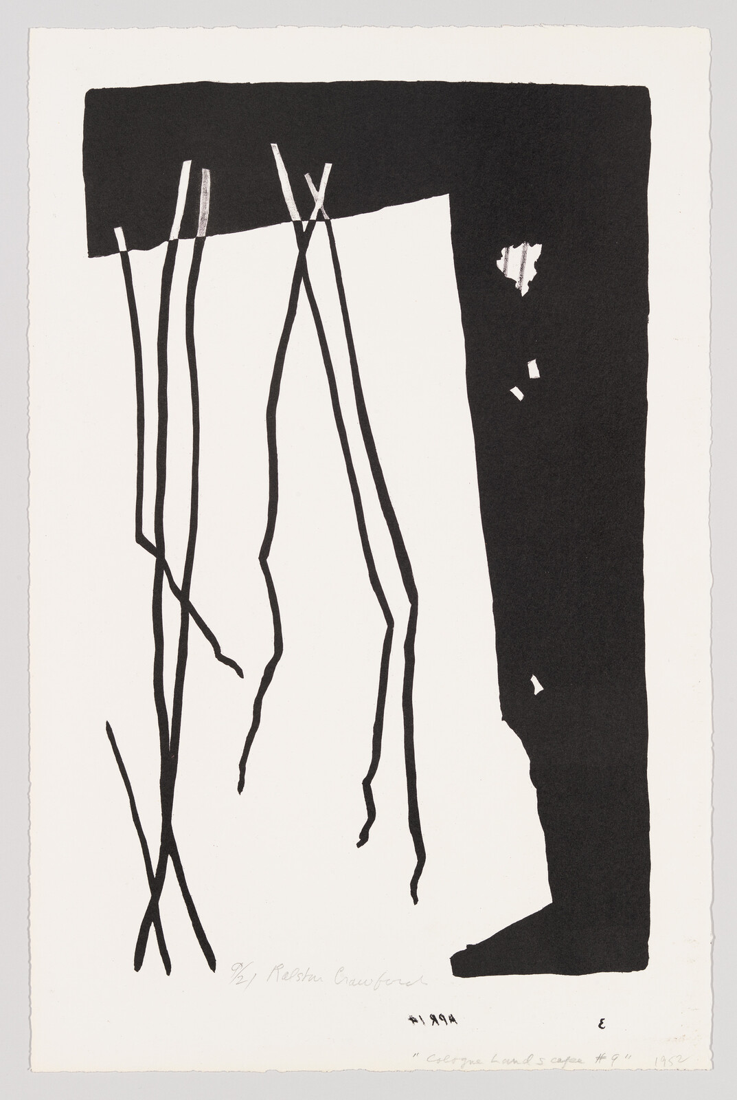 Thin black branch-like lines hang from a thick horizontal black bar and tall black column.