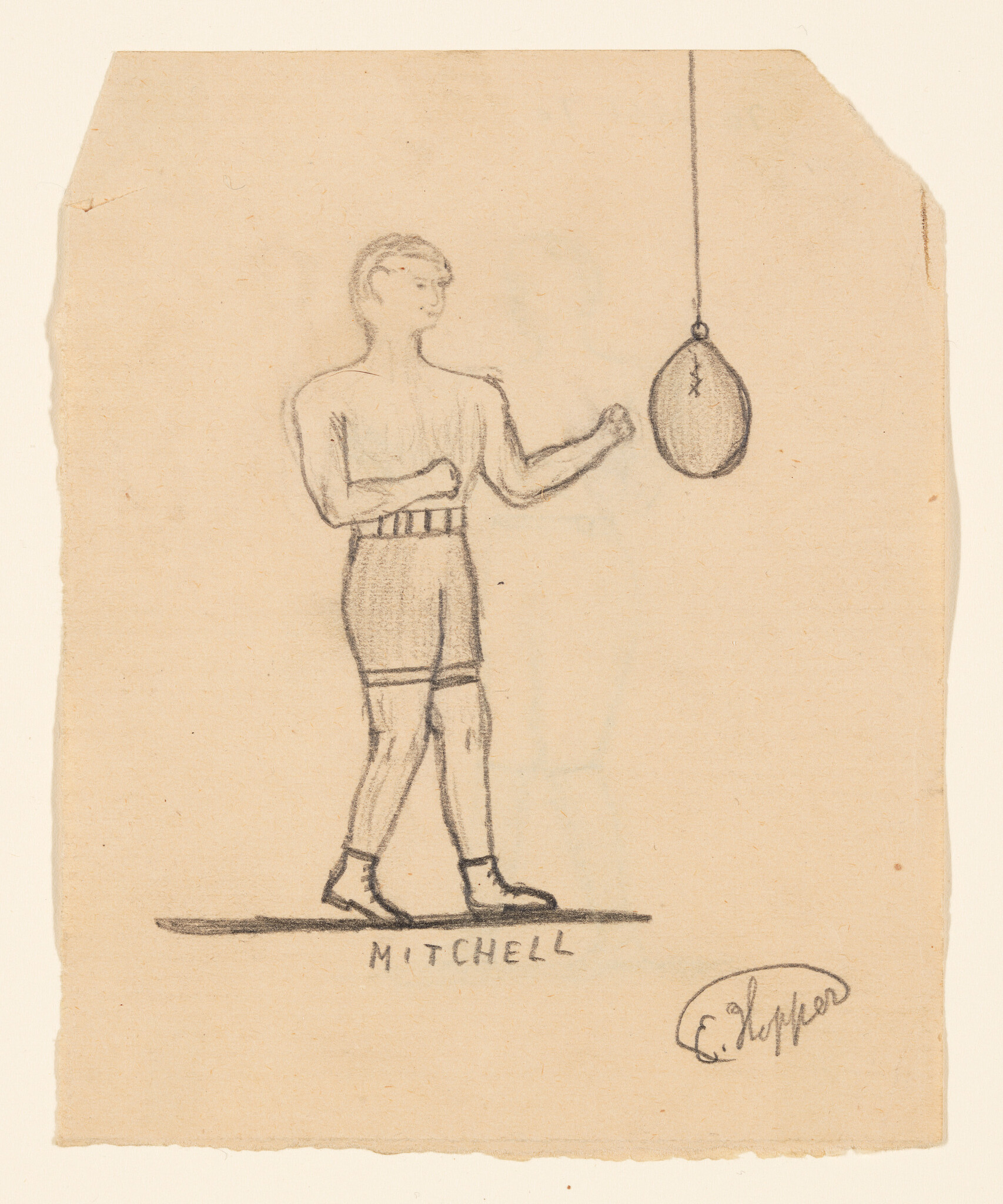 A pencil sketch shows a boxer labeled Mitchell practicing with a hanging punching bag.