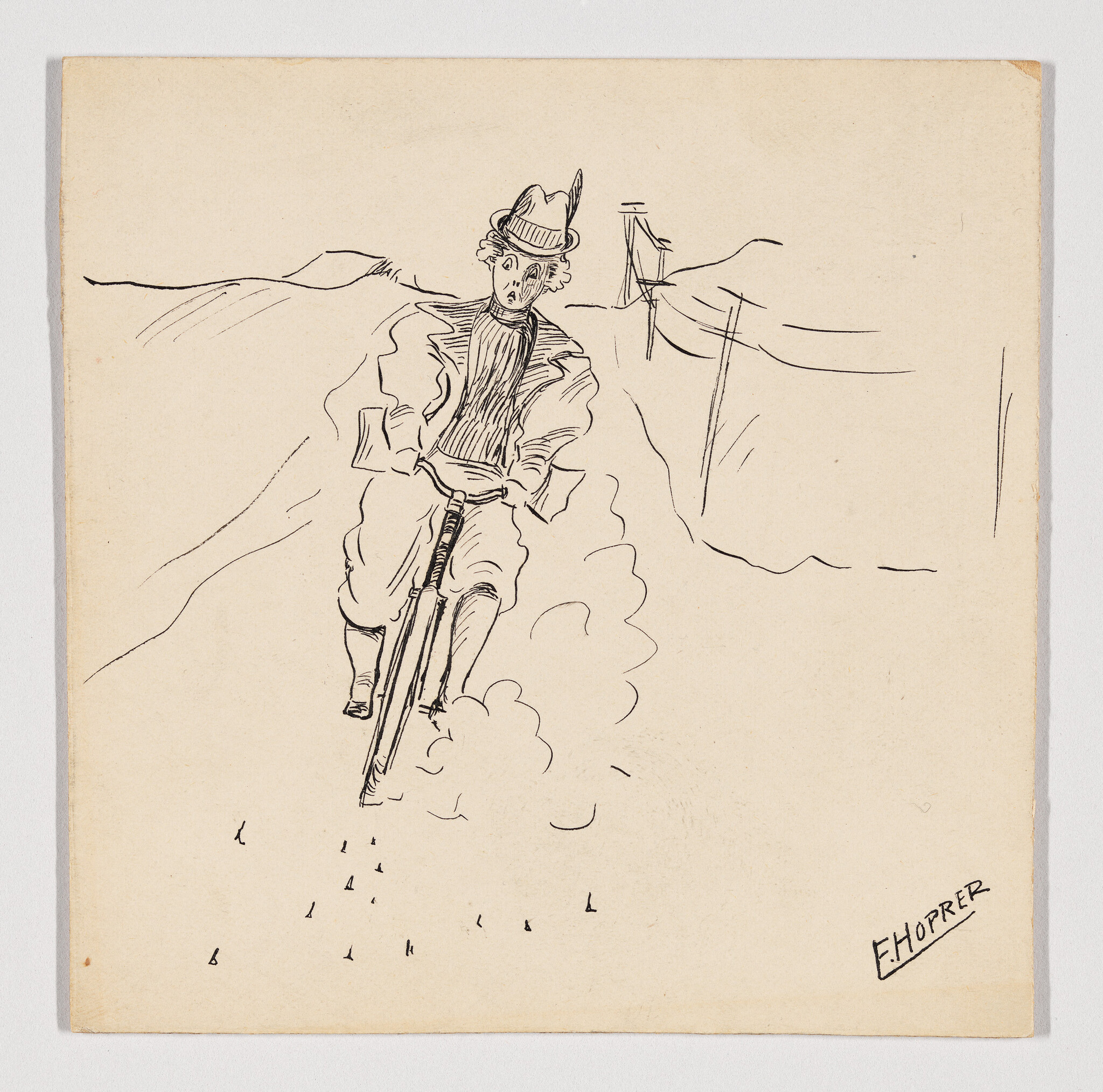 A man in a hat rides a bicycle through a dusty road, kicking up clouds behind him.